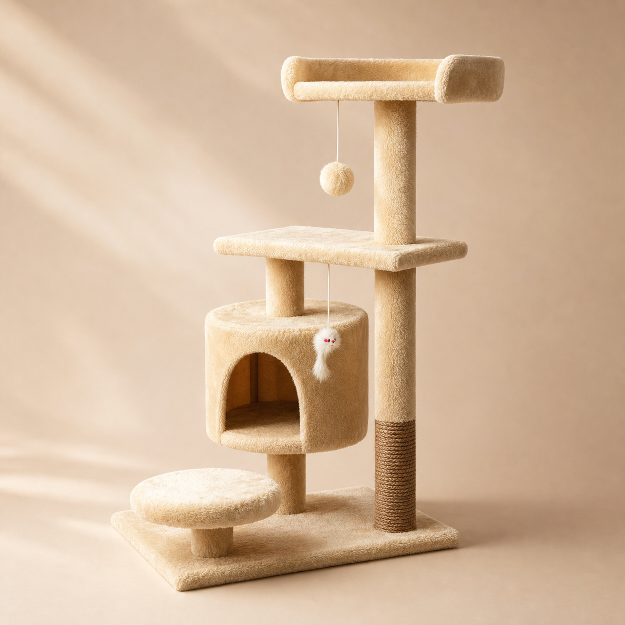 Miauva Cat Tower, a multi-level beige plush climbing structure with condo and sisal post