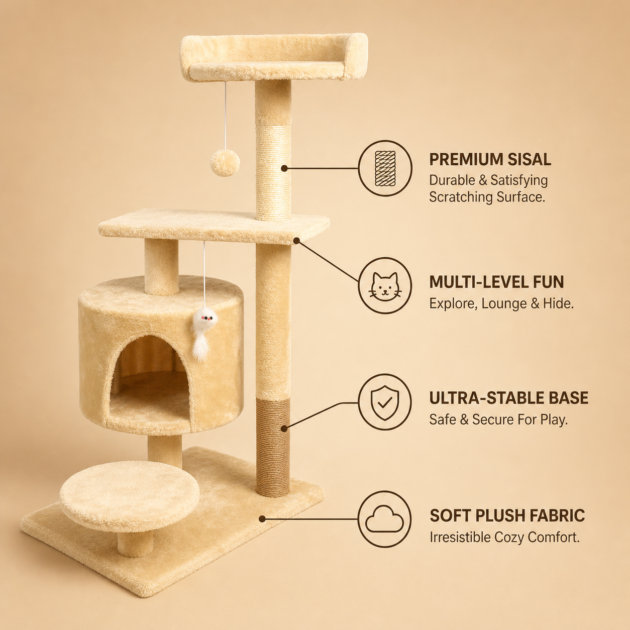 Miauva Cat Tower with labelled details: premium sisal, multi-level platforms, stable base