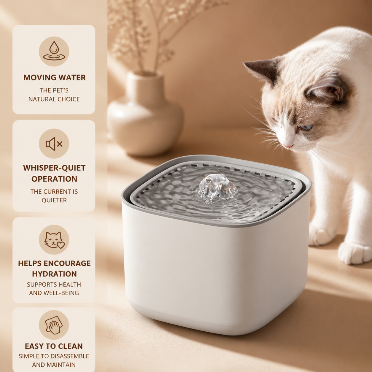 Miauva Drinking Fountain with benefit labels: moving water, whisper-quiet, easy to clean