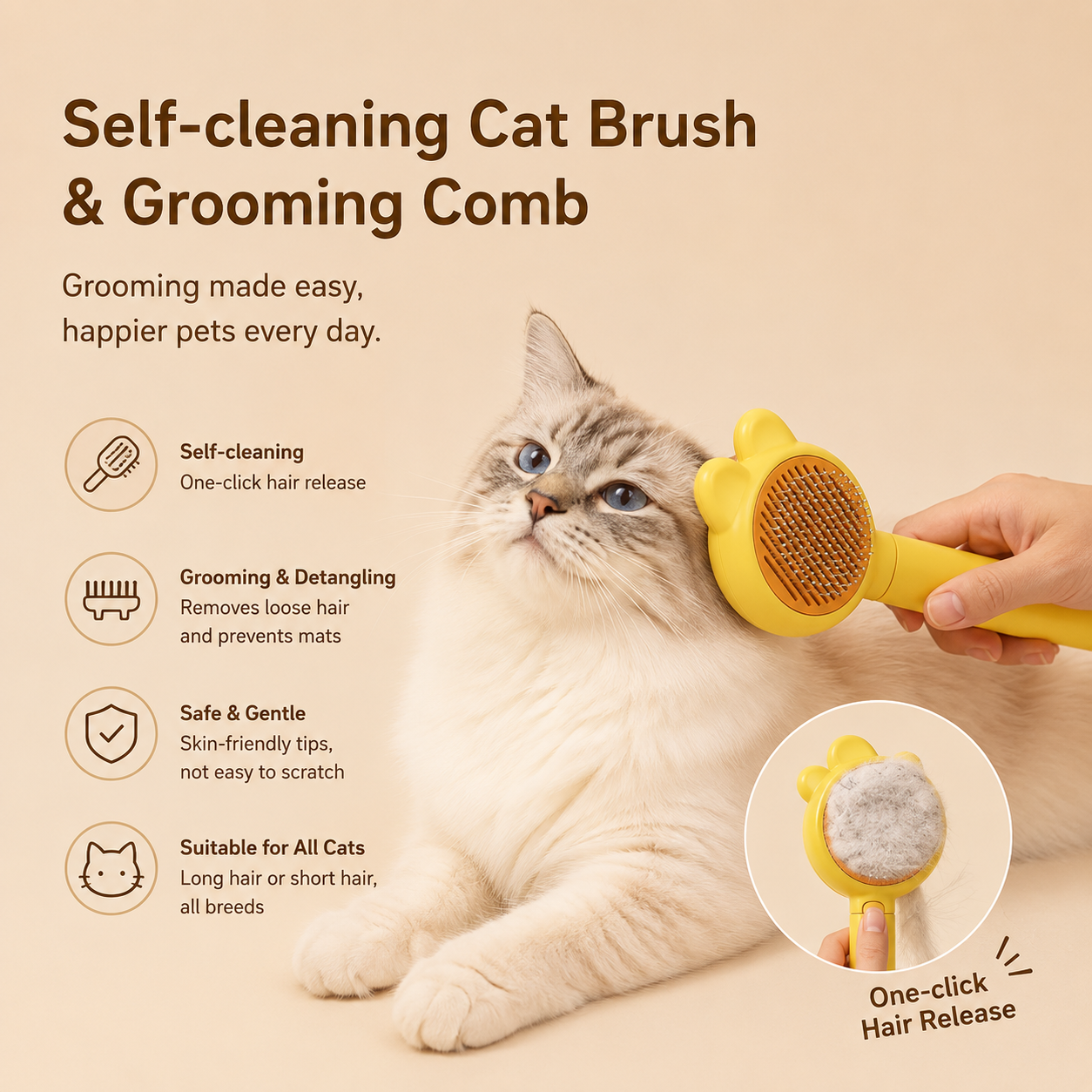 Cat being groomed with the Miauva Cleaning Brush, showing one-click hair release